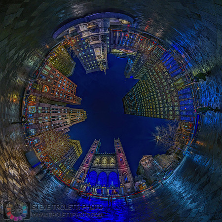 Tiny Planet - Montreal's Place d'Armes Square and the Notre-Dame Basilica at night